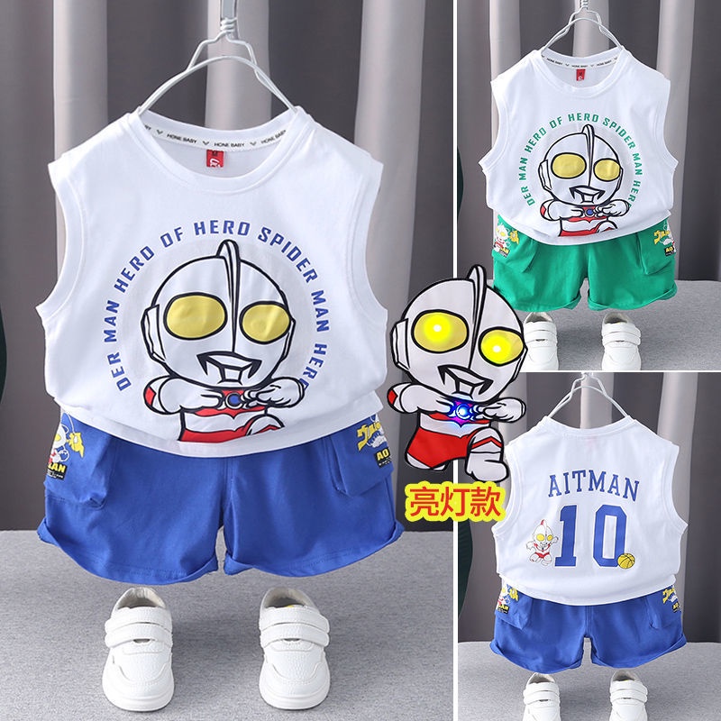 Áo Thun Cotton Mỏng Không Tay In Hình Ultraman Dạ Quang Thời Trang Mùa Hè Cho Bé Trai