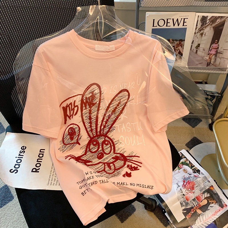 Áo Thun Dáng Rộng In Hình Thỏ Và Chữ Cái Thời Trang Cho Nữ