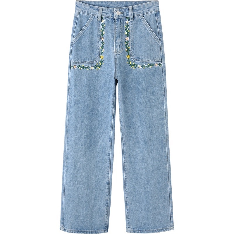 Quần jeans ống rộng, chân váy suông thêu hoạ tiết hoa lá túi trước phong cách cho nữ 2023