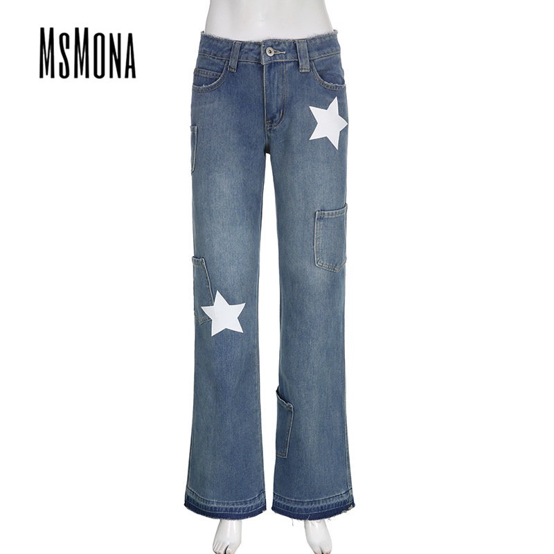 MsMona Quần Jeans Lưng Thấp Dáng Rộng Phối Túi In Hoạ Tiết Ngôi Sao Thời Trang 2023 Dành Cho Nữ