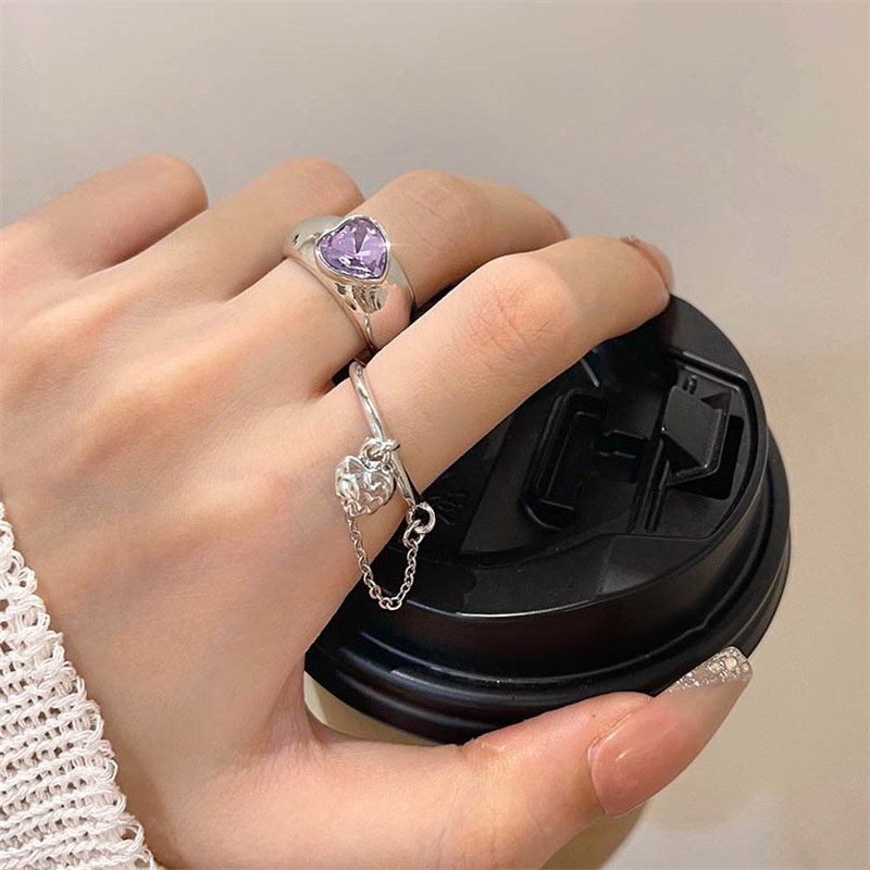 Nhẫn Hở Hình Trái Tim Phối Dây Xích Tua Rua Màu Tím Ngọt Ngào Cá Tính