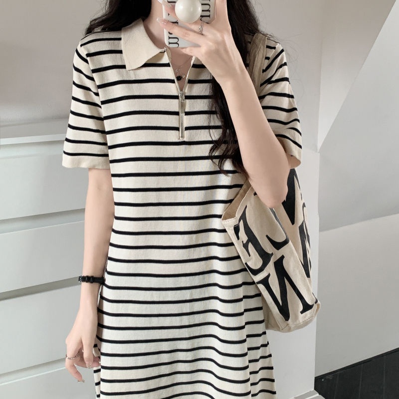 Đầm len polo nữ Dáng dài Form rộng Kẻ sọc ngang Chữ A Hàn Quốc Váy đầm len dài Cổ POLO Dáng rộng Thời trang