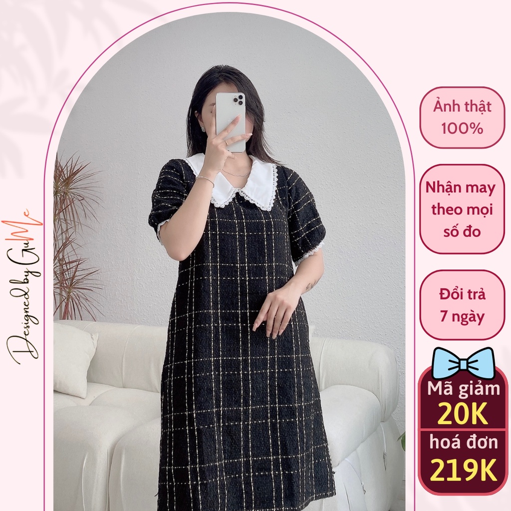 Váy bầu bigsize - Đầm bầu thiết kế GuMe MÀU ĐEN KẺ Ô VUÔNG DÁNG SUÔNG TAY CỘC CHẤT VẢI DẠ SIZE TỪ 40-100KG  MB195