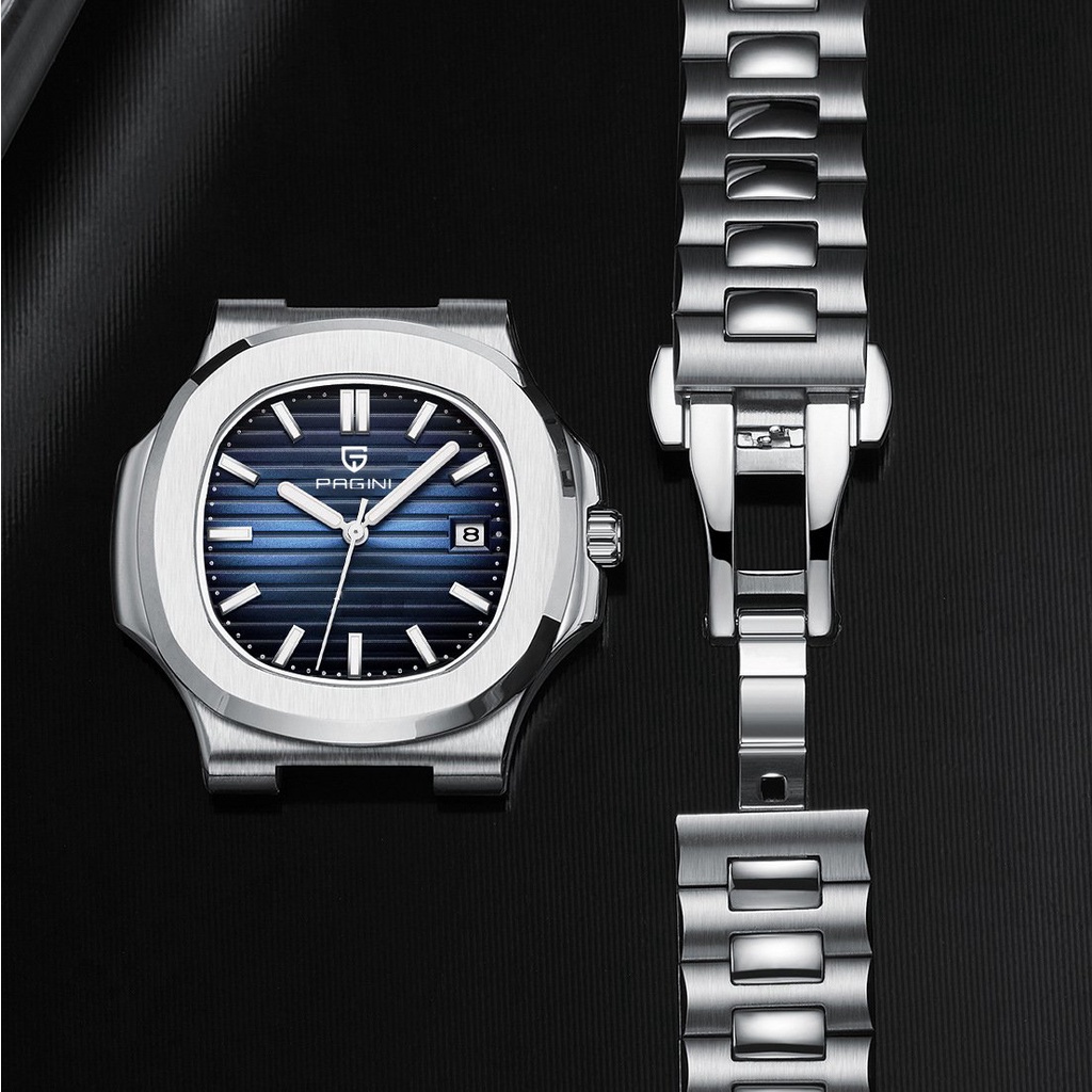 Đồng Hồ Nam Pagini PA9967 Mặt Vuông Kim Dạ Quang Có Lịch Ngày Dây Đúc Đặc Cao Cấp