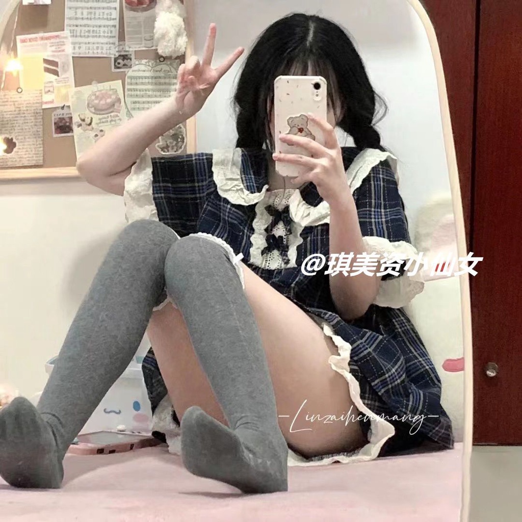 Bộ Đồ Ngủ Ngắn Tay Họa Tiết Ca Rô Phối Ren Xinh Xắn Theo Phong Cách Xuân Hè Hàn Quốc Dành Cho Nữ