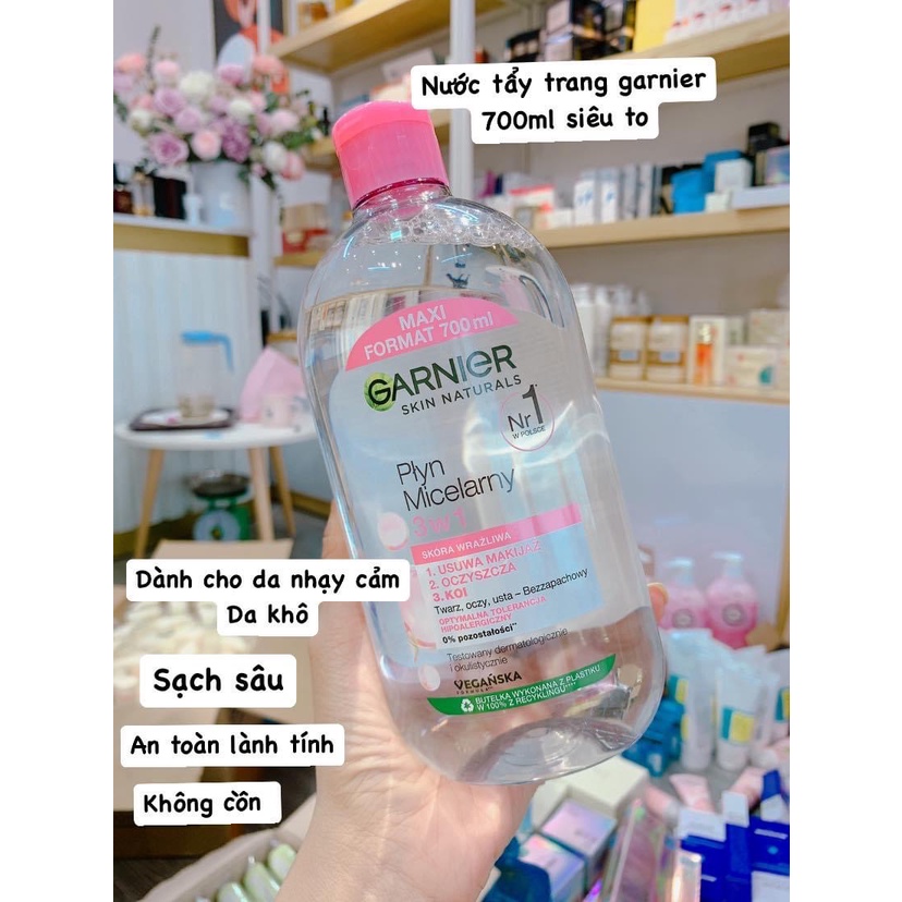 Nước tẩy trang Garnier hồng 700ml, nước tẩy trang da nhảy cảm, nước tẩy trang sạch sâu Micellar Cleansing Water