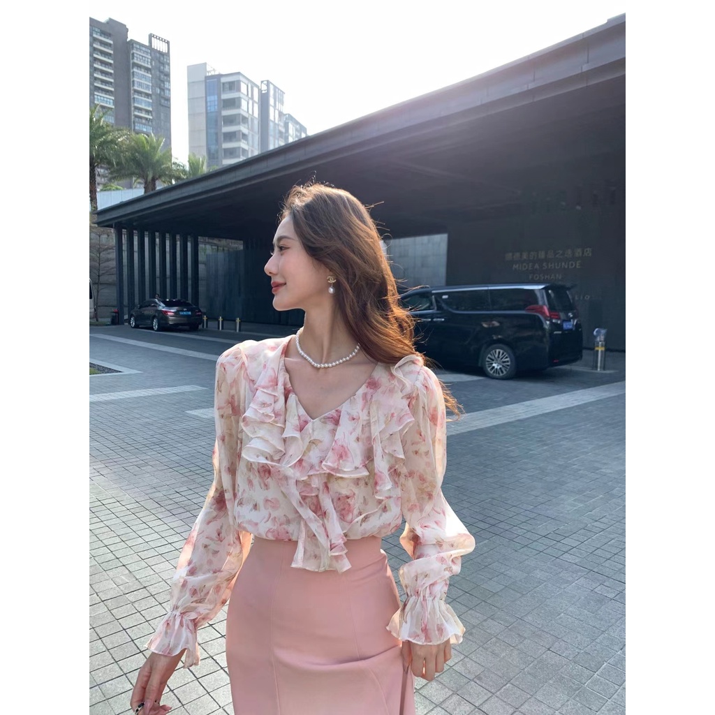 Hàng Mới Về Mới Áo Sơ Mi Nữ Tay Dài Cổ Chữ V In Hoa Thời Trang Hàn Quốc