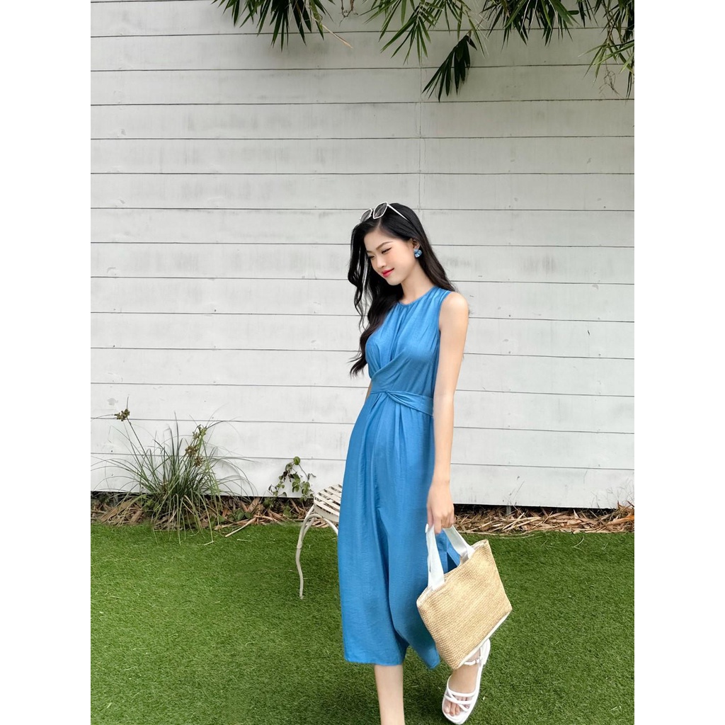 ĐẦM TẰM XƯỚC MỀM THẮT NƠ EO XANH DƯƠNG