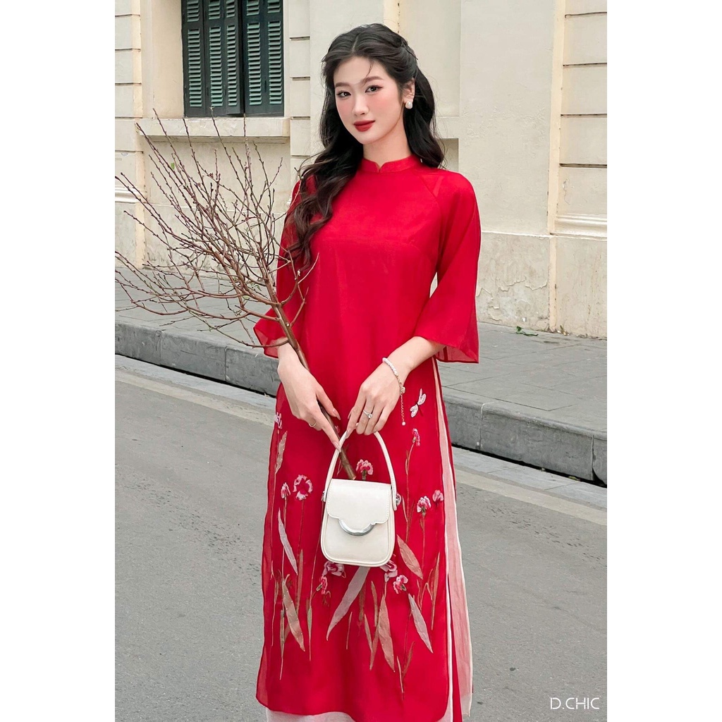 ÁO DÀI TƠ ÓNG 4 TÀ THÊU HOA