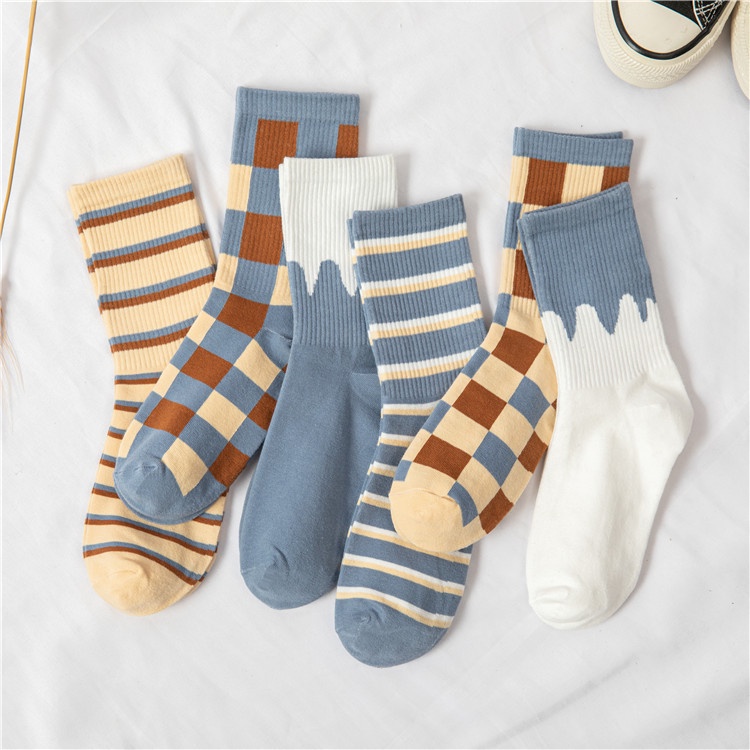 Vớ Cotton Cổ Vừa Họa Tiết Sọc Caro Màu Sắc Tương Phản Phong Cách Nhật Bản Thời Trang Cho Nữ