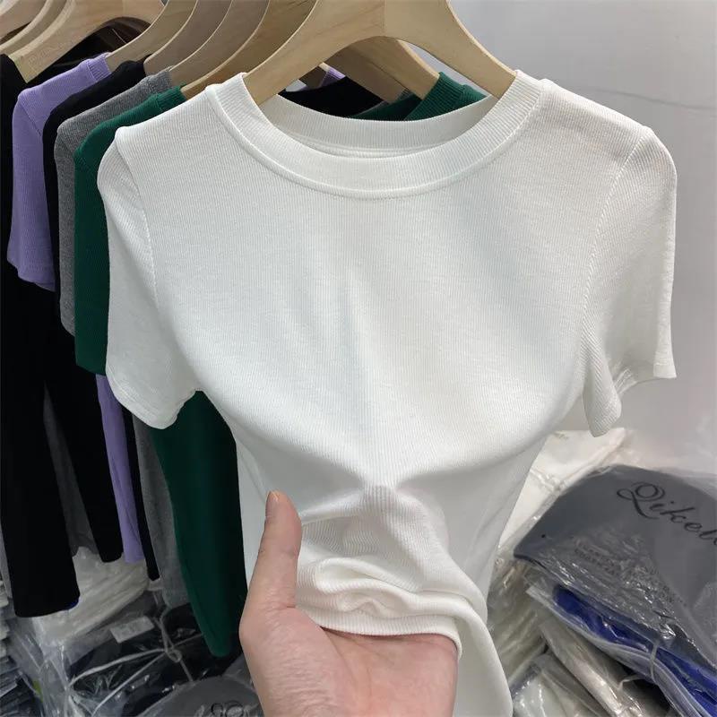 Áo Thun Tay Ngắn Dáng Ôm Vải Lụa Lạnh Thời Trang Mới Cho Nữ