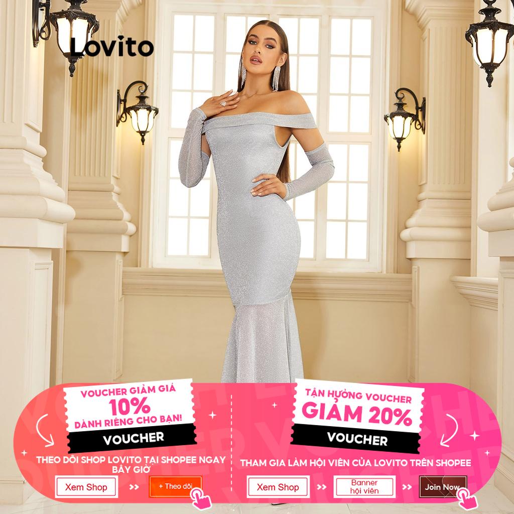 1104de-Đầm LOVITO READY TO SHINE trễ vai lai bèo xếp nếp hai lớp màu trơn phong cách đi tiệc cho nữ L40LE031 (màu bạc)