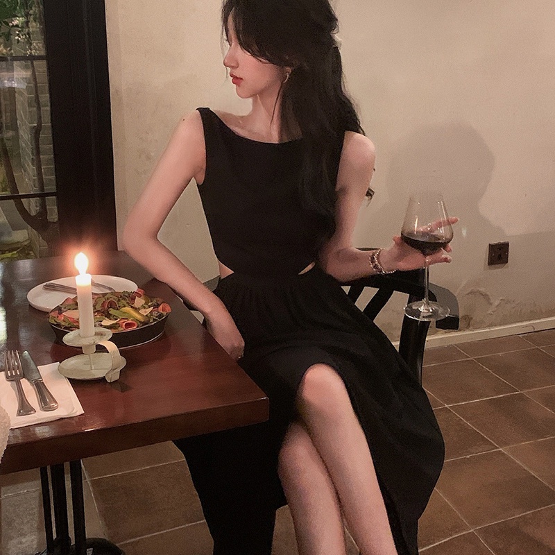 IELGY  Đầm Không Tay Hở Vai Phong Cách hepburn Cao Cấp Dành Cho Nữ