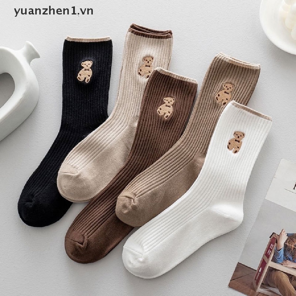 Vớ Cotton Màu Trơn Thêu Hình Gấu Dễ Thương Phong Cách Nhật Bản Cho Nữ
