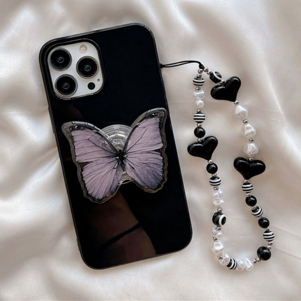 Ốp Điện Thoại TPU Mềm Chống Rơi Họa Tiết Bướm Có Giá Đỡ Và Dây Xích Ngọc Trai Cho IPhone 14 13 12 11 Pro Max XS XR 8 7