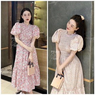 ✨đầm chun eo✨đầm hoa chạy chun cổ bèo tay bồng 2 màu