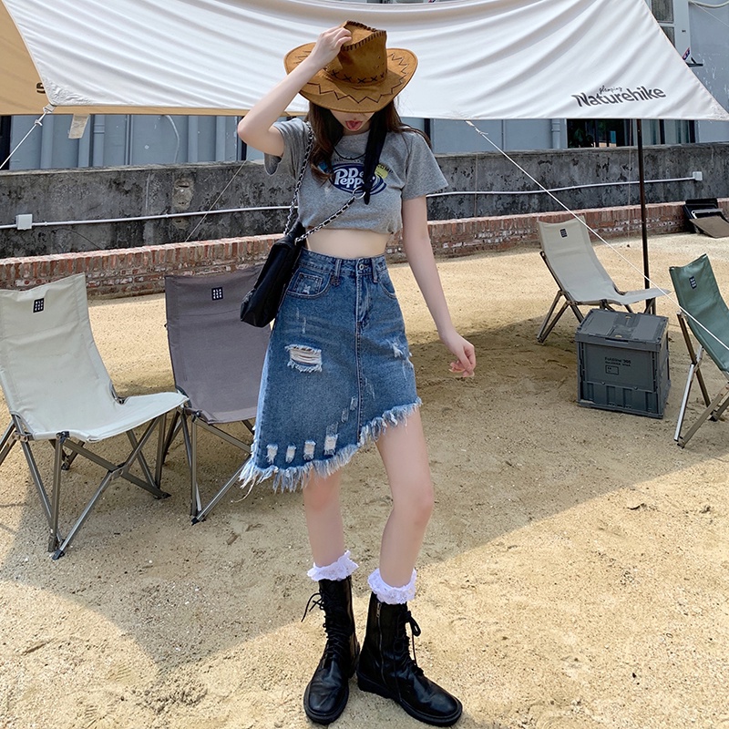Chân váy jean Chữ A Lưng Cao Thiết Kế Đục Lỗ Phong Cách Mới Mùa Hè Cho Nữ
