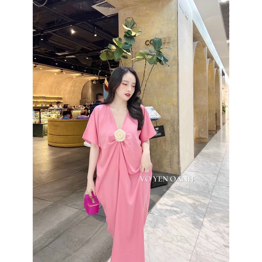 [3.3 Sales Freeship] Đầm suông cổ v tay dơi dáng dài đính hoa, đầm trơn basic nhún eo đính bông đi biển nhẹ nhàng mtb