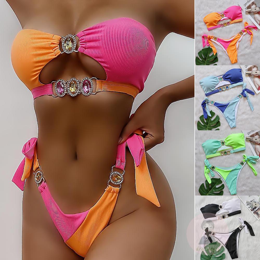 Bộ Đồ Bơi Không Dây Đính Đá Màu Sắc Tương Phản Cho Nữ