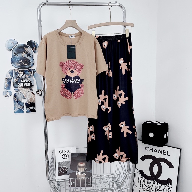 Set áo phông nâu mix quần suông gấu nâu siêu xinh Áo cotton khô QC l1 dày đẹp, hình ép 5D nét căng, xẻ gấu chuẩn mẫu