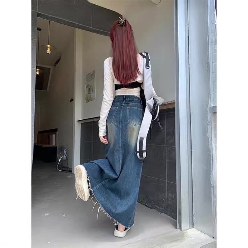 Chân váy bò dài chạm gót mài