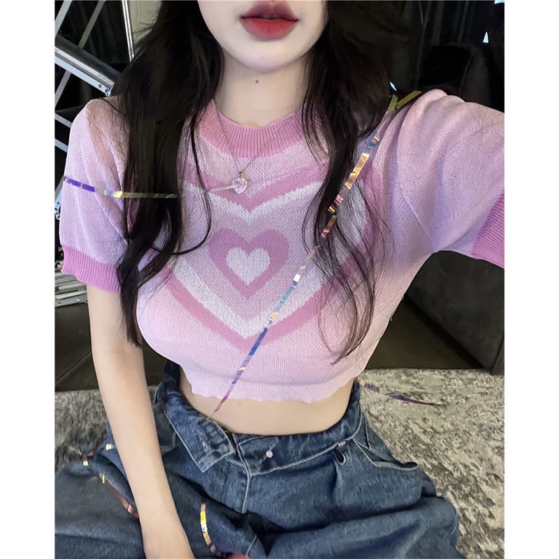 ÁO CROPTOP LEN TĂM HOẠ TIẾT TRÁI TIM màu hồng dễ thương trẻ trung thiết kế đơn giản