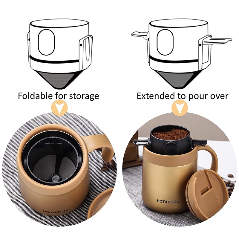 Set 2 Cốc Lọc Cà Phê Nhỏ Giọt Bằng Thép Không Gỉ Có Thể Tái Sử Dụng Kèm Giá Đỡ