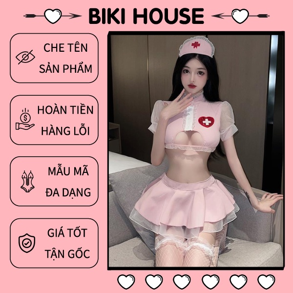 Cosplay y tá hồng hở ngực phối ren lưới đáng yêu cao cấp váy xếp ly áo croptop kèm quần lọt khe sexy dễ thương N757 | BigBuy360 - bigbuy360.vn