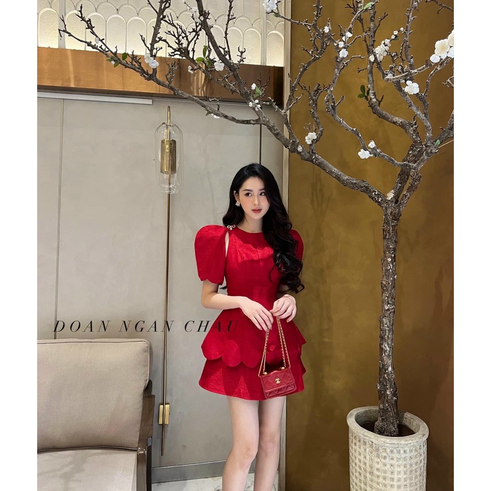 [3.3 Sales Freeship] Đầm xòe tiểu thư nữ khoét vai tay phồng, đầm cut vai cổ tròn xòe 2 tầng chất tapda nhẹ nhàng dx