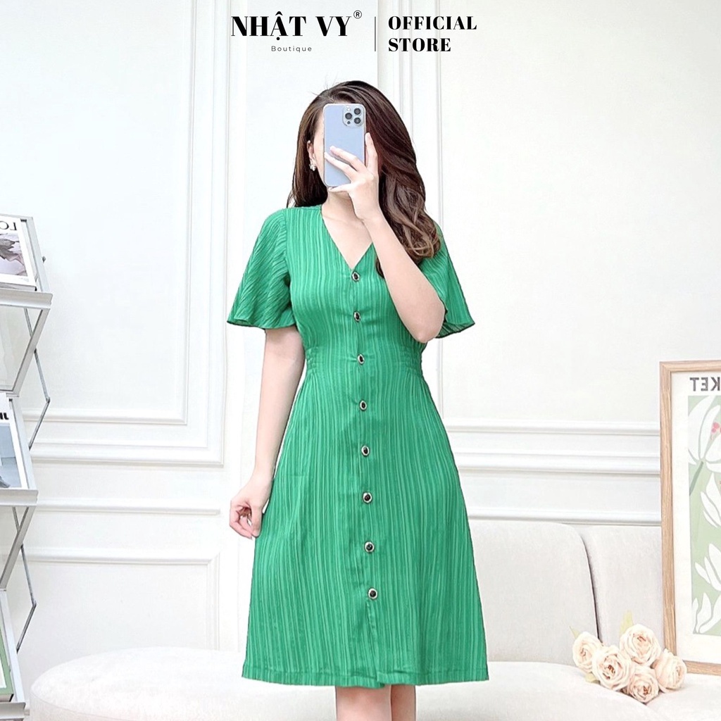 Đầm dự tiệc Nhật Vy cổ tim tay cánh tiên cài cúc eo bo thun chất tơ vân phù hợp đi chơi, cafe sang chảnh - D2505