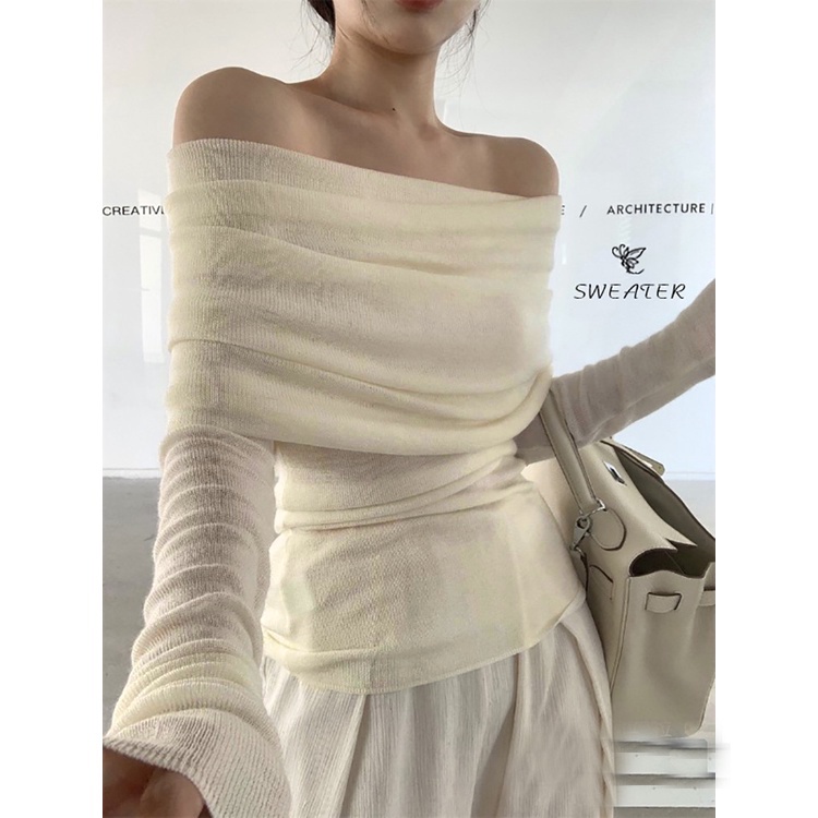 Áo Sweater Dệt Kim Tay Dài Màu Trơn Dáng Ôm Mềm Mại Phong Cách Pháp Thời Trang Cho Nữ