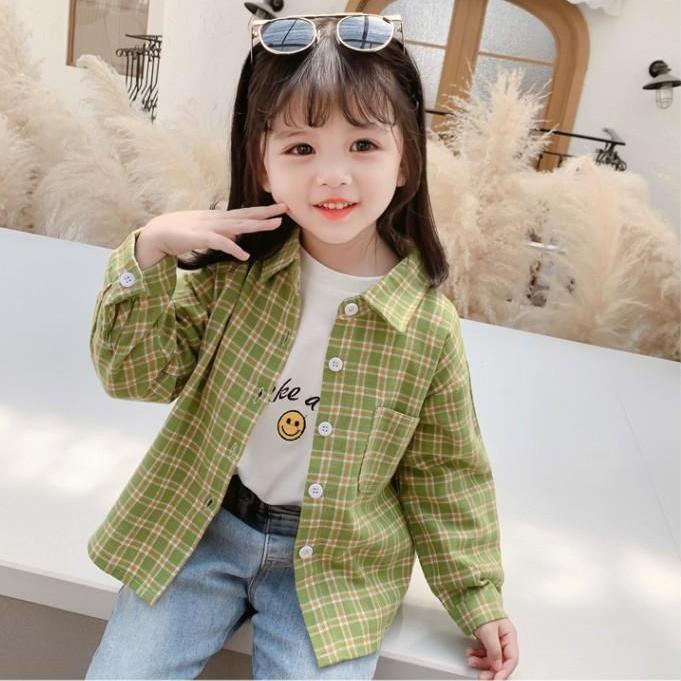 Áo Khoác Sơ Mi Tay Dài Họa Tiết Caro Thời Trang Xuân Thu Cho Bé Gái