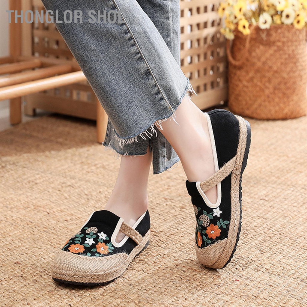 Thonglor Shoe Giày bít mũi bằng vải lanh có ống hút Phẳng thoáng khí Mềm nhẹ nữ thêu hàng ngày run 2 u