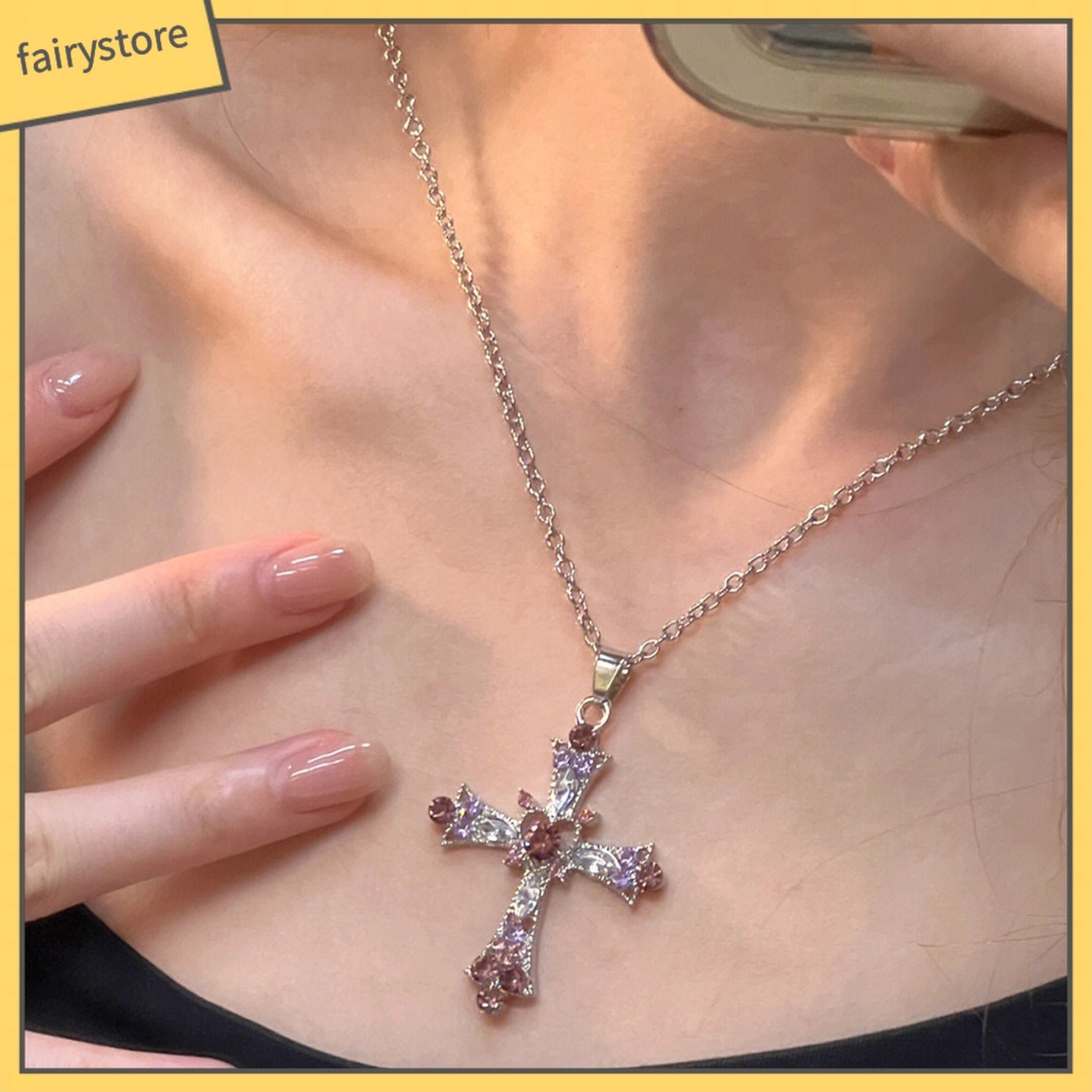 Vòng cổ Mặt Chữ Thập Đính Đá Nhiều Màu Sắc Phong Cách Âu Mỹ [Fairy1]