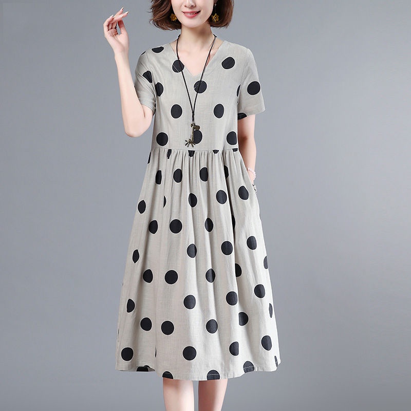 Đầm Cotton Lanh Họa Tiết Chấm Bi Cổ Điển Thời Trang Mùa Hè Cho Nữ