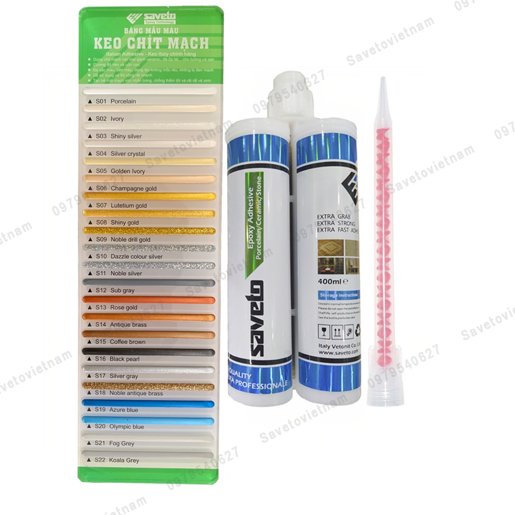 Combo keo chít mạch Saveto, keo chà ron gạch Saveto epoxy 2 thành phần, chống thấm, bám bẩn