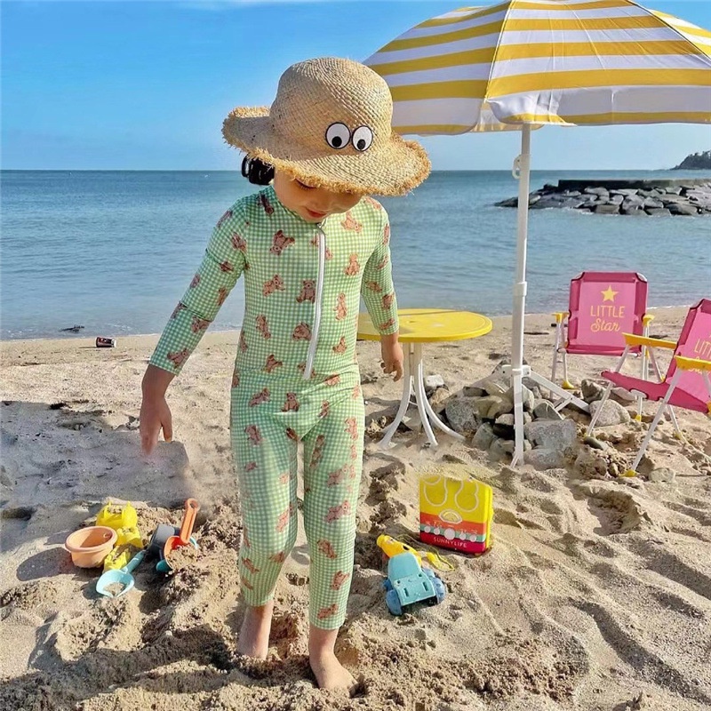 Bộ Đồ Bơi Áo Tay Dài + Quần Dài Họa Tiết Gấu Hoạt Hình Dễ Thương Cho Bé Gái