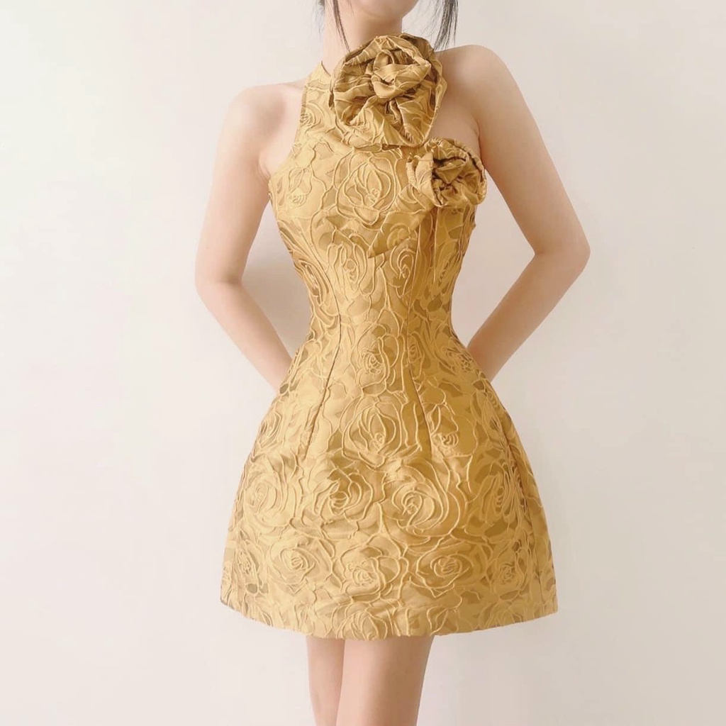 [3.3 Sales Freeship] Đầm nữ thiết kế đi tiệc, đầm gấm sát nách đính hoa hở lưng dáng chữ A màu đỏ vàng sang trọng dx