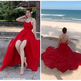 gv133- đầm maxi tà đắp xẻ , Đan lưng , 2 màu, 3 vòng 90/70/90