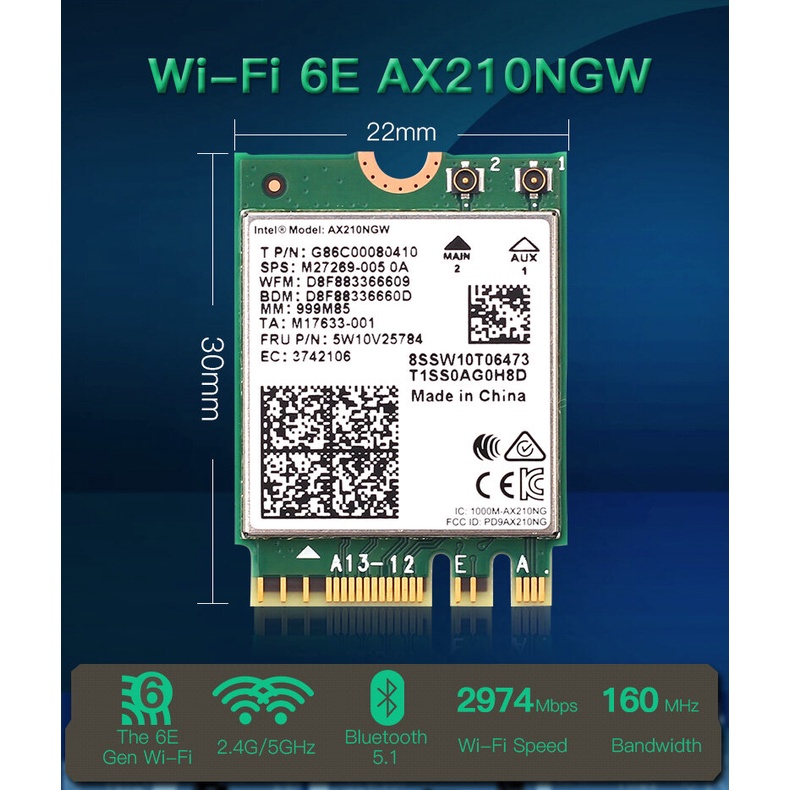 Thẻ Wifi 6 Không Dây Phiên Bản 006 6E Bluetooth 5.3 Intel AX210 3000Mbps M.2 AX210NGW 2.4G / 5G / 6G 802.11X 6