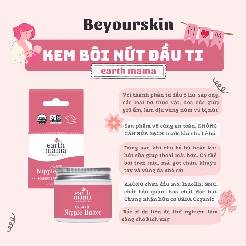 Kem bôi nứt đầu ti, nứt cổ gà, dưỡng ẩm hữu cơ Earth Mama Organic Nipple Butter