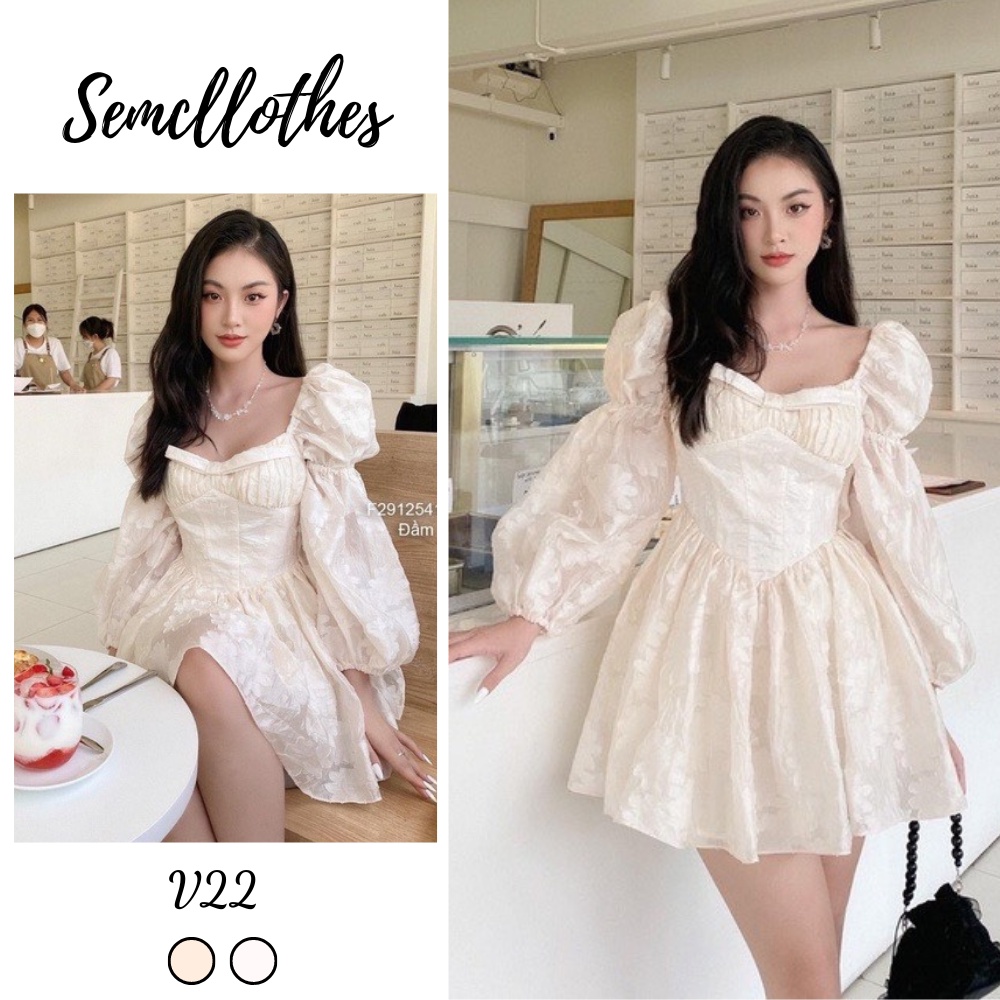 Đầm váy nữ tay dài phồng dáng xoè tiểu thư chất voan ép hoa nổi may 2 lớp có lót habu V22 Sem