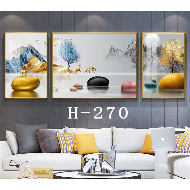 Bộ 3 tranh treo tường hiện đại Con nai vàng tài lộc may mắn GLTR2008 tặng đinh 3 chân treo tranh