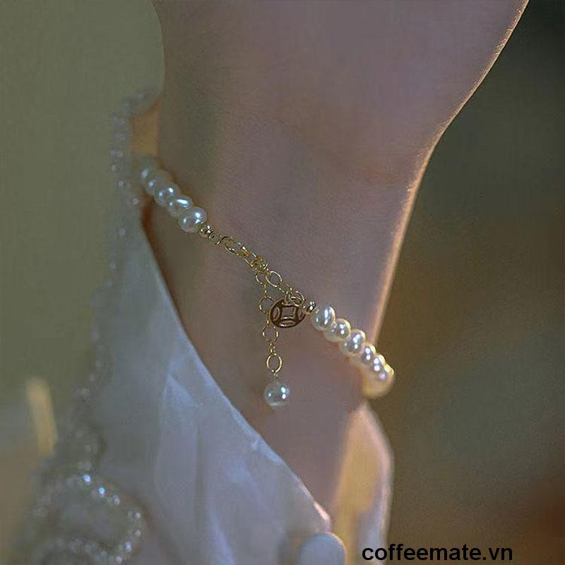 【coffeemate】⚡Vòng tay đính hạt ngọc trai may mắn, lắc chuỗi đeo tay phong cách Trung Hoa cho nữ