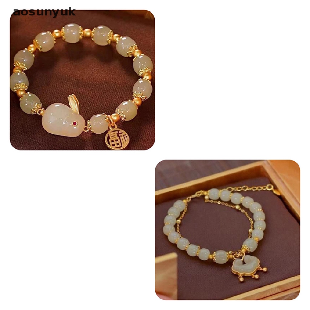 Aosunyuk Vòng Tay Hạt Tròn Mặt Hình Thỏ Vintage Trung Hoa Có Thể Điều Chỉnh Trang Sức