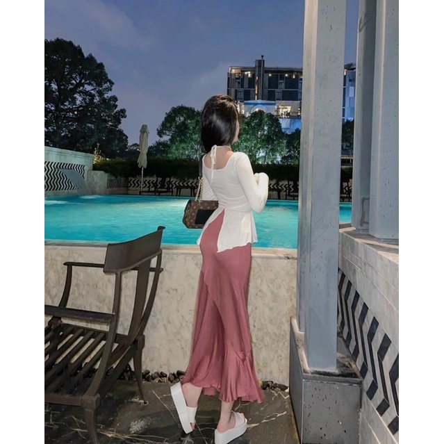 Áo thun đuôi cá rút dây body nữ rút eo kiểu tay loe dây chéo cổ chất thun gân