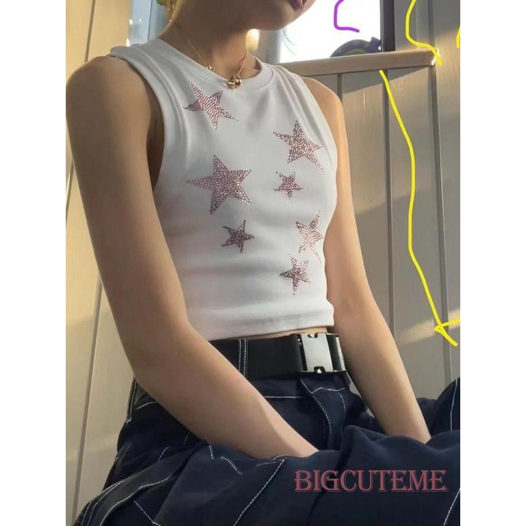 Áo Tank Top Không Tay Cổ Tròn Dáng Ôm Họa Tiết Ngôi Sao Mặc Hàng Ngày Cho Nữ
