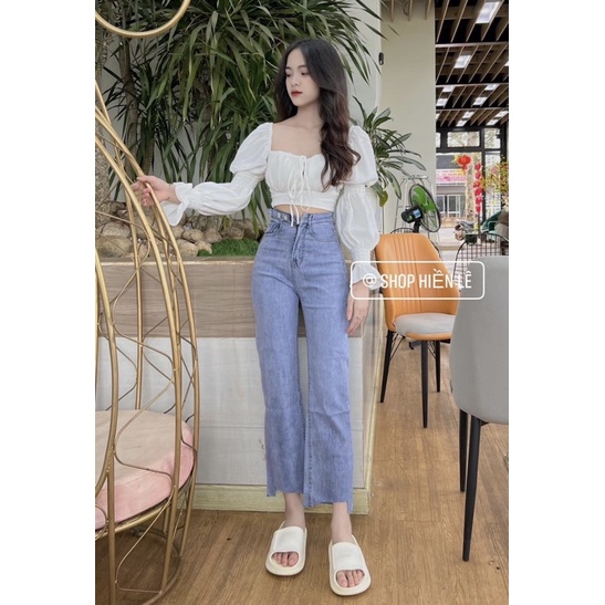 Set baggy jeans ống suông đai nút rách gấu+ áo cổ vuông tay túm