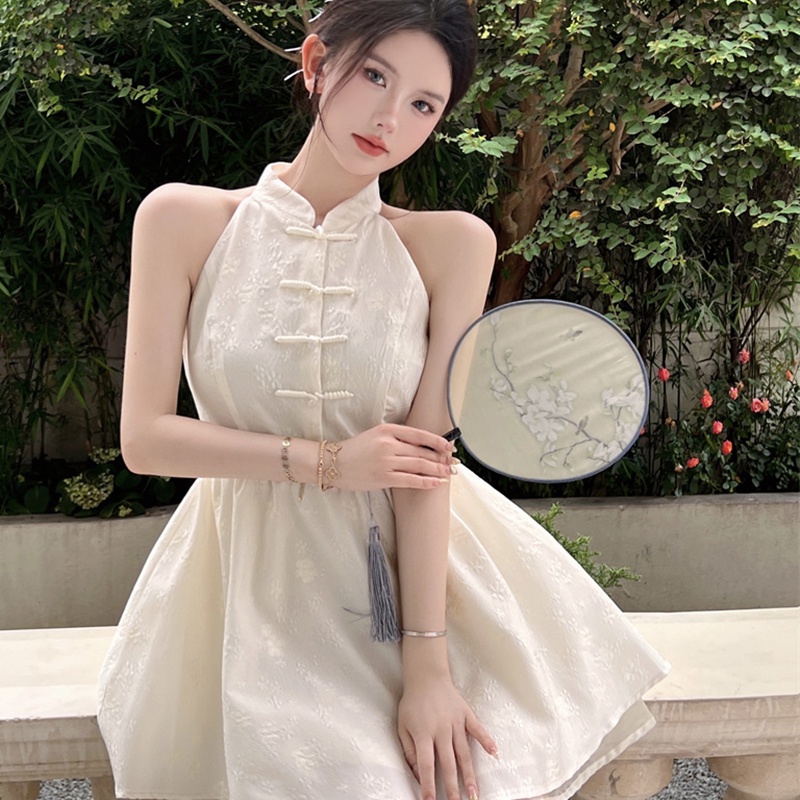 IELGY Đầm Trắng Không Tay Nhấn Eo Phong Cách retro Dành Cho Nữ