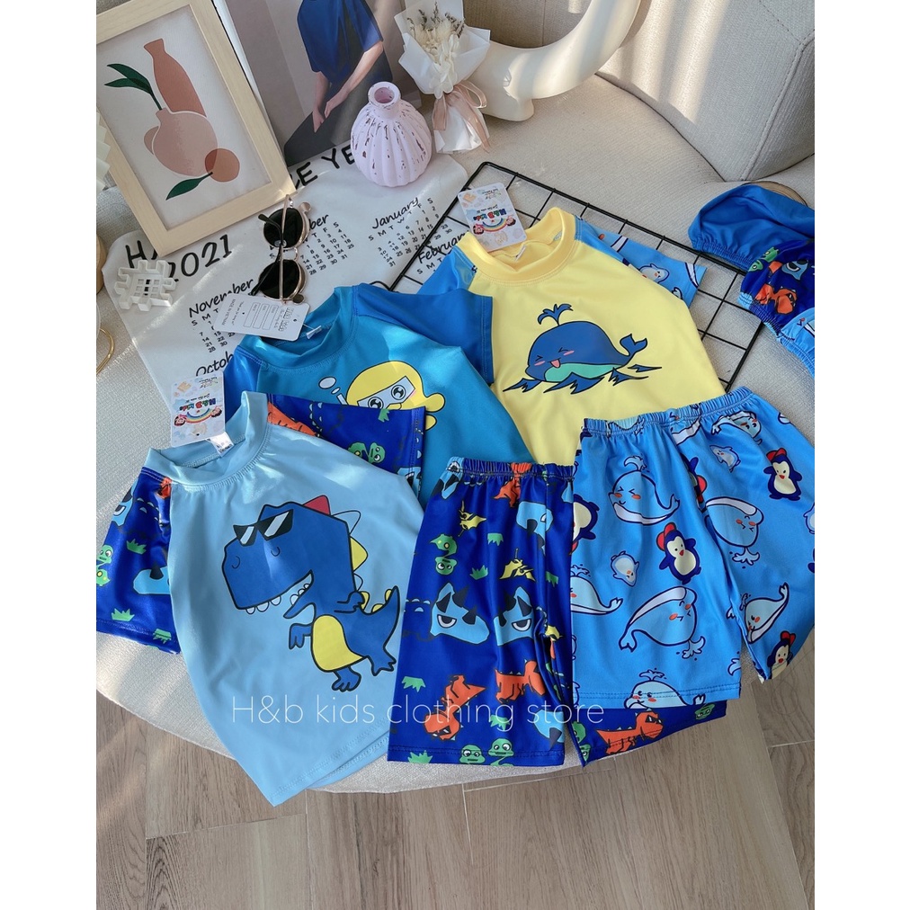 Bộ Đồ Bơi Trẻ Em Kèm Mũ Dành Cho Bé Trai In Hình Dễ Thương Vải Co Giãn Thoáng Mát